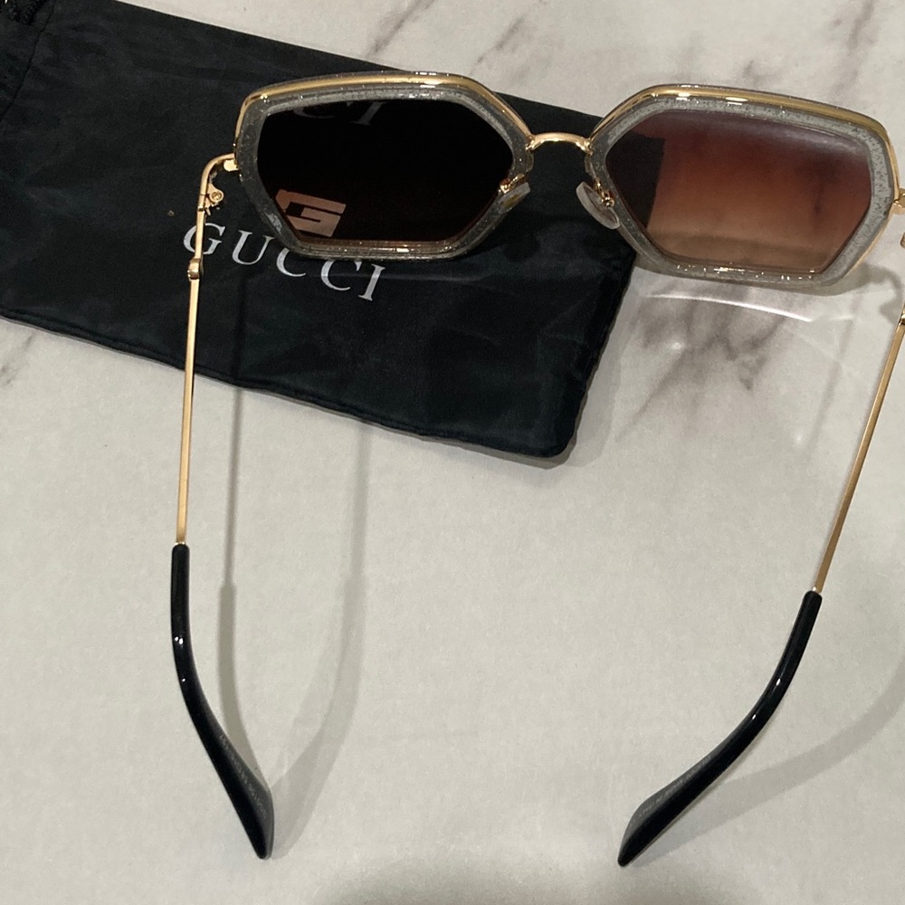Gucci Gold Frame Sunglasses with Brown Lenses and Black Tips - Picture 15 of 16